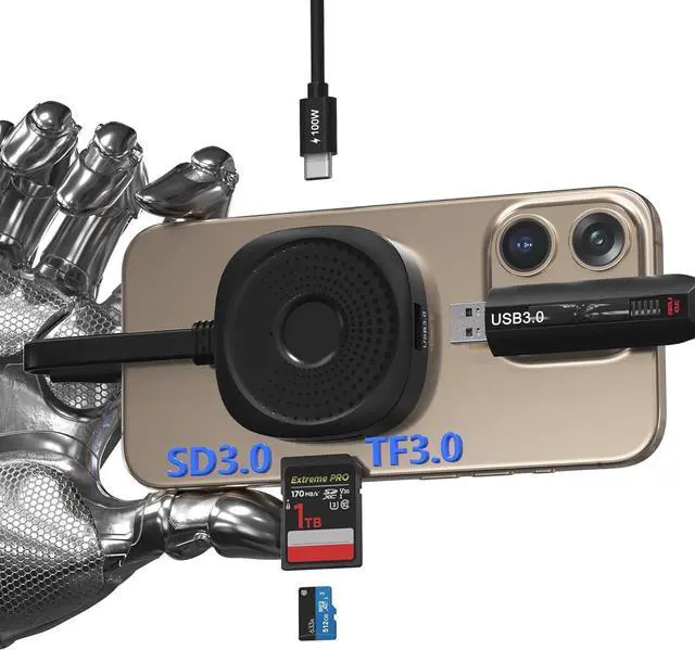 Main image of Magnetic USB C Hub Card Reader for iPhone 16 15 Pro Max - 4 in 1 Type-C SD3.0 MicroSD3.0 Card Solt 100W PD 5Gbps USB3.0 USB-C Adapter, Magsafe SD Reader for iPhone, MacBook Pro Air, Pad Pro Type-C