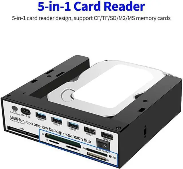 Alt view image 5 of 7 - Kecung 5.25 Inch Front Panel Expansion Hub with 3 USB3.0 2 USB2.0 Ports 5-in-1 Card Reader Support One-Key Backup Panel