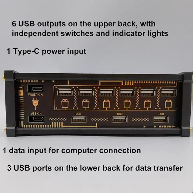 Alt view image 3 of 7 - 6 Port USB Switcher, Retro USB Docking Station with 6 LED Status Indicators and 9 USB Convenient Input Ports, Share USB Devices & Data Transmission, for Phones, Tablets