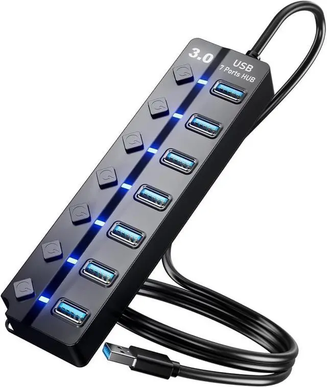 Main image of USB Hub for Laptop 7-Port USB 3.0 Hub Splitter with Individual On/Off Switches and Lights 4ft/1.2m Long Cable Compatible for Laptop PC Computer Surface Pro PS4/5 Flash Drive Mobile HDD etc.