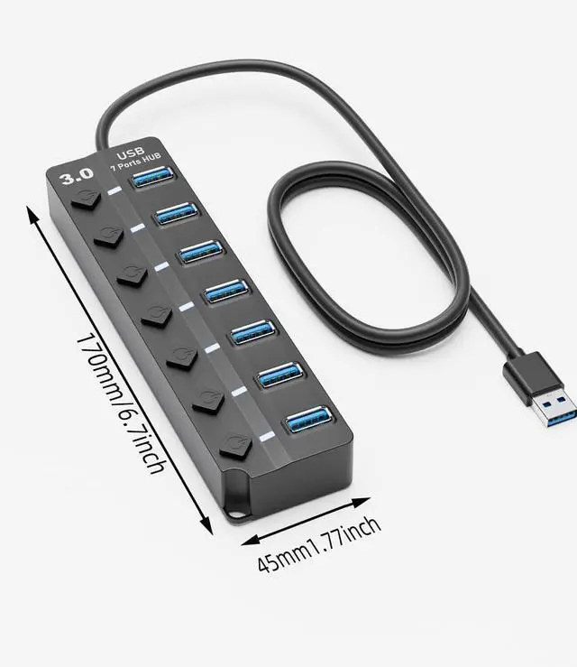 Alt view image 2 of 7 - USB Hub for Laptop 7-Port USB 3.0 Hub Splitter with Individual On/Off Switches and Lights 4ft/1.2m Long Cable Compatible for Laptop PC Computer Surface Pro PS4/5 Flash Drive Mobile HDD etc.