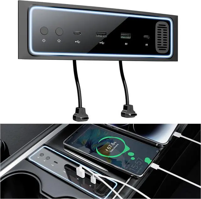 Main image of Tesla USB Hub for 2021 2022 2023 Tesla Model 3/Y, USB Charger Hub with Ambient Lamp and Aroma Box, USB Hub Docking Station with 4-Ports 27W Fast Charger, Gifts for Tesla Owners (Not Fit M3 Highland)