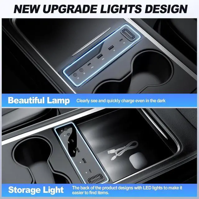 Alt view image 3 of 7 - Tesla USB Hub for 2021 2022 2023 Tesla Model 3/Y, USB Charger Hub with Ambient Lamp and Aroma Box, USB Hub Docking Station with 4-Ports 27W Fast Charger, Gifts for Tesla Owners (Not Fit M3 Highland)