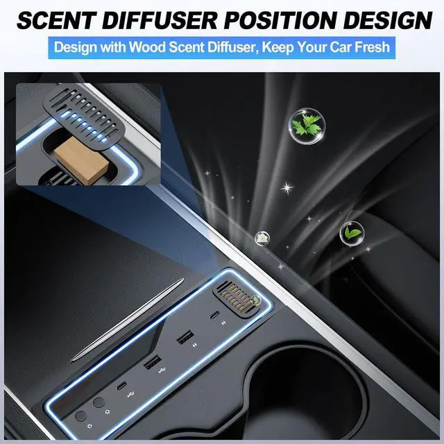 Alt view image 4 of 7 - Tesla USB Hub for 2021 2022 2023 Tesla Model 3/Y, USB Charger Hub with Ambient Lamp and Aroma Box, USB Hub Docking Station with 4-Ports 27W Fast Charger, Gifts for Tesla Owners (Not Fit M3 Highland)