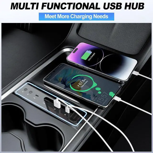 Alt view image 6 of 7 - Tesla USB Hub for 2021 2022 2023 Tesla Model 3/Y, USB Charger Hub with Ambient Lamp and Aroma Box, USB Hub Docking Station with 4-Ports 27W Fast Charger, Gifts for Tesla Owners (Not Fit M3 Highland)