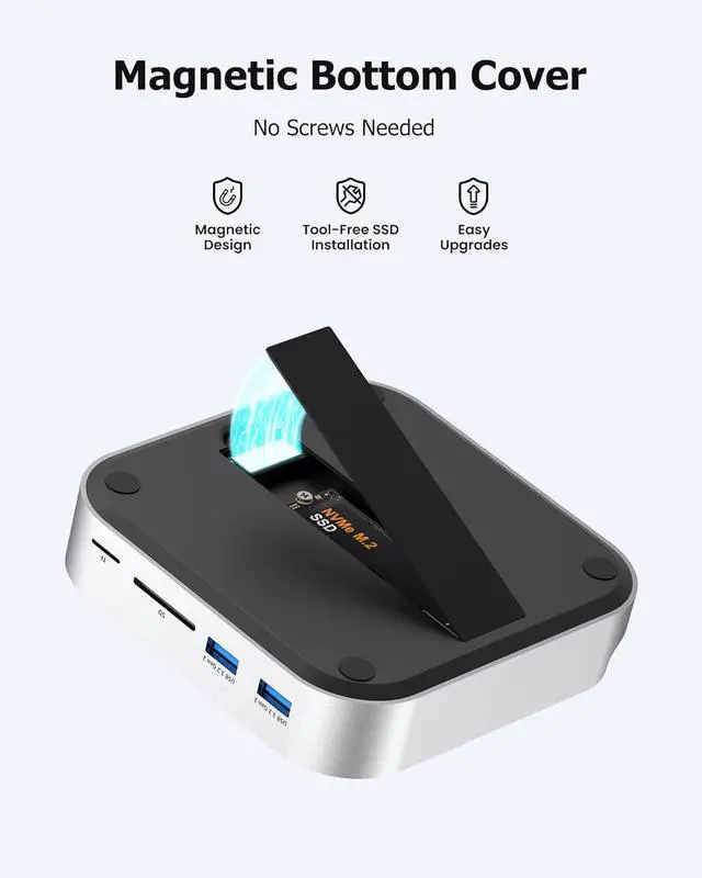 Alt view image 6 of 7 - BAOZEE Mac mini Dock with NVMe SSD Enclosure, USB-C Hub for Mac mini M4/M4 Pro with 2X USB-A 10Gbps, 3X USB-A 5Gbps, HDMI, DP, SD/TF Card Reader  Magnetic Cover, Up to 8TB SSD Support