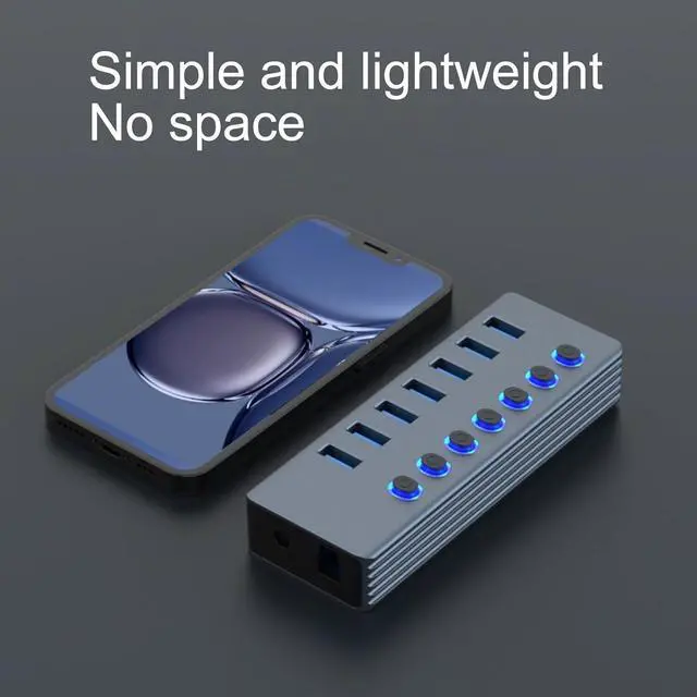 Alt view image 4 of 7 - USB 3.0 Splitter Hub USB Data Hub 1 to 7 Ports with Separate On/Off Switch and Lights for Laptops