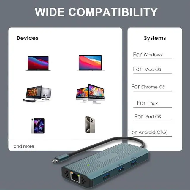 Alt view image 3 of 7 - UC961 9 in 1 USB C Hub TypeC Adapter with 1000M Ethernet 100W PD Charging 3 USB Ports 4K30Hz HDTV Card Reader