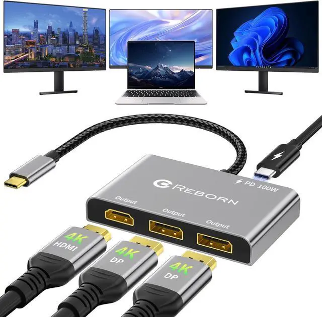 Main image of Reborn USB-C to 2 DP Adapter and 1 HDMI with 100W PD, 4K@60Hz USB Type-C to HDMI 1 in 3 Out Splitter for 3-Port USB-C Multi-Monitor Adapter with PC/macOS/Linux and More