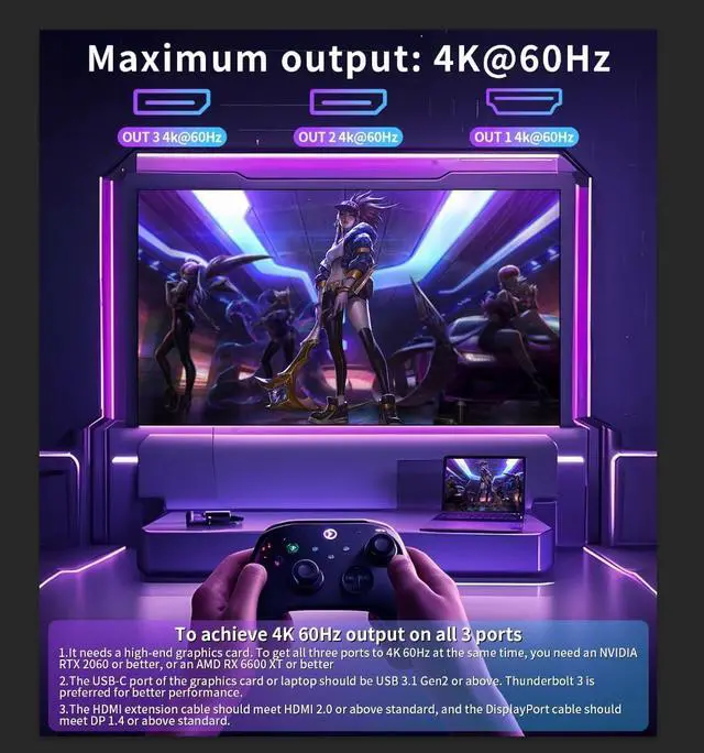 Alt view image 2 of 7 - Reborn USB-C to 2 DP Adapter and 1 HDMI with 100W PD, 4K@60Hz USB Type-C to HDMI 1 in 3 Out Splitter for 3-Port USB-C Multi-Monitor Adapter with PC/macOS/Linux and More