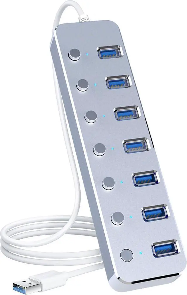 Main image of USB 3.0 Hub 7 Port USB Hub with 2ft Long Cable Aluminum USB Hub for Laptop and PC with Individual On/Off Switch and LED Indicator