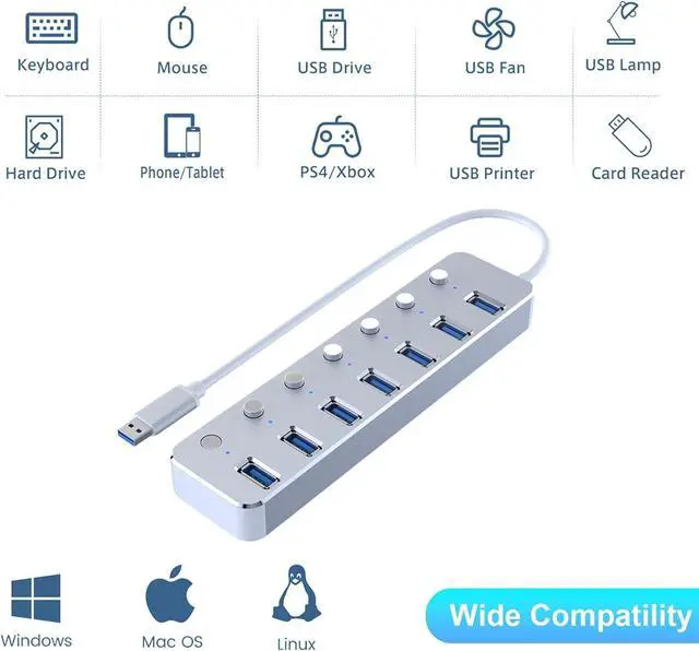 Alt view image 2 of 7 - USB 3.0 Hub 7 Port USB Hub with 2ft Long Cable Aluminum USB Hub for Laptop and PC with Individual On/Off Switch and LED Indicator