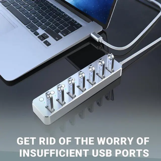 Alt view image 5 of 7 - USB 3.0 Hub 7 Port USB Hub with 2ft Long Cable Aluminum USB Hub for Laptop and PC with Individual On/Off Switch and LED Indicator