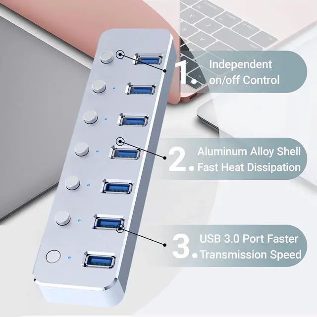 Alt view image 4 of 7 - USB 3.0 Hub 7 Port USB Hub with 2ft Long Cable Aluminum USB Hub for Laptop and PC with Individual On/Off Switch and LED Indicator