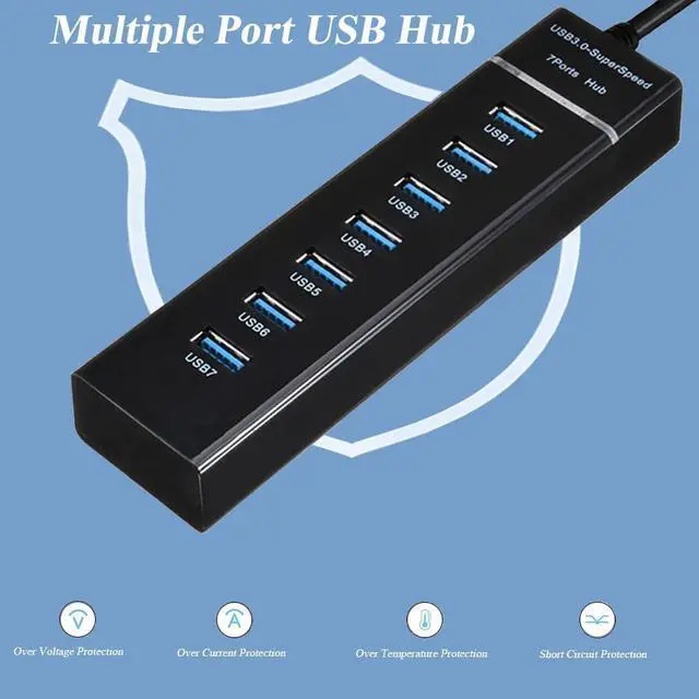 Alt view image 7 of 7 - 7 Ports USB Hub, Multiple Port USB Hub with Indictor Light, High Speed Data Transmission USB Adapter, Compatible with Mouse, Keyboard, Printer, Windows, MacOS, Linux