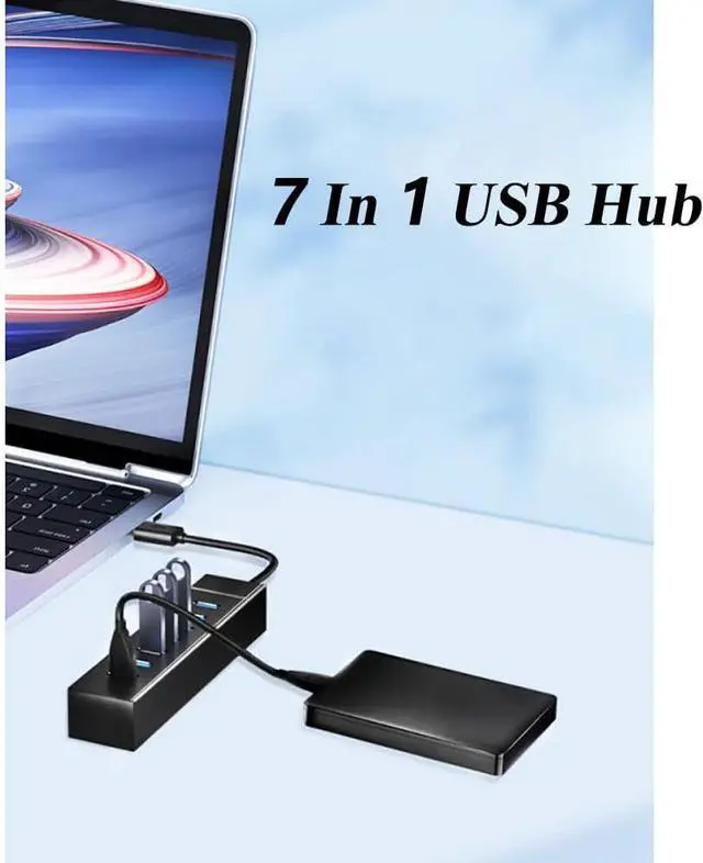 Alt view image 6 of 7 - 7 Ports USB Hub, Multiple Port USB Hub with Indictor Light, High Speed Data Transmission USB Adapter, Compatible with Mouse, Keyboard, Printer, Windows, MacOS, Linux
