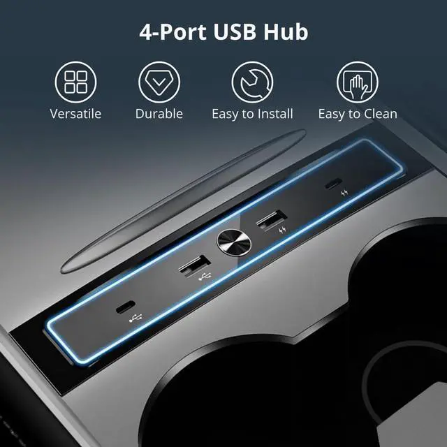 Alt view image 4 of 7 - Tesla 2021-2023 Model 3/Y Usb Hub, 4-Port Multiport Dock With Led Light For Car Charging & Data Transfer