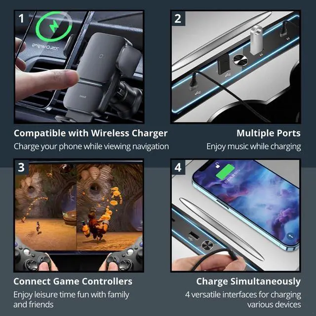 Alt view image 7 of 7 - Tesla 2021-2023 Model 3/Y Usb Hub, 4-Port Multiport Dock With Led Light For Car Charging & Data Transfer