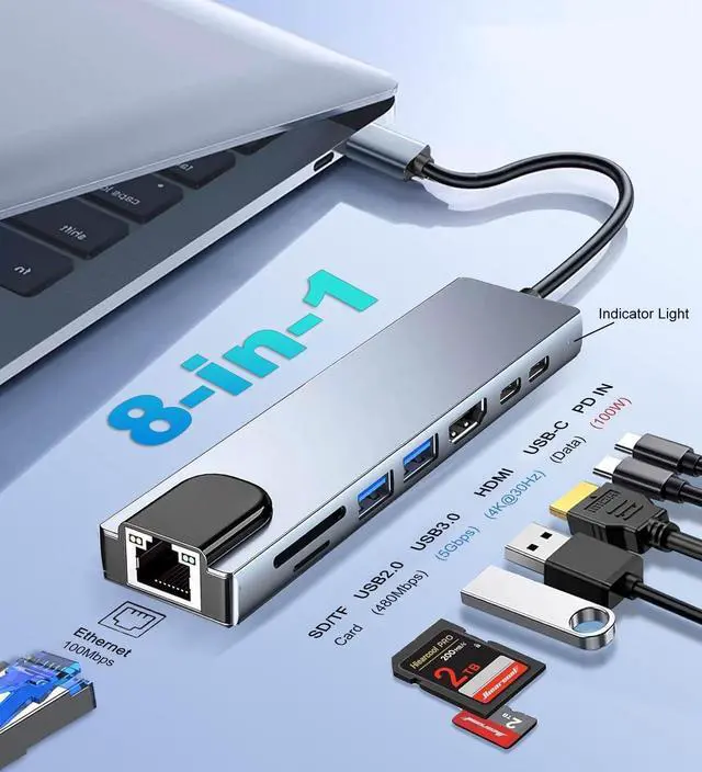 Alt view image 2 of 7 - USB C Hub 8 in 1 RJ45 Ethernet Multi Port Adapter with SD/TF Card Slot 4K HDMI USB 3.0/2.0 RJ45 100W PD USB C Port Docking Station for MacBook Pro/Air iPad Pro Laptops