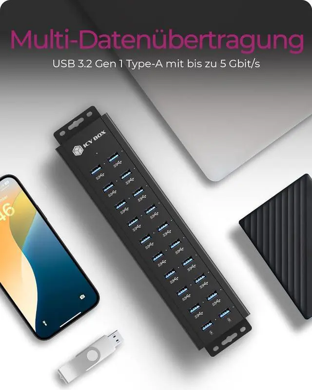 Alt view image 2 of 7 - ICY BOX IB-HUB1720-U3 USB 3.2 Gen 1 Hub with 12V/3A Power Adapter, Aluminium Housing and 2 USB Charging Ports