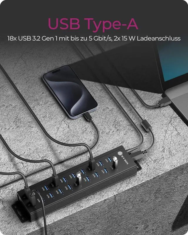 Alt view image 5 of 7 - ICY BOX IB-HUB1720-U3 USB 3.2 Gen 1 Hub with 12V/3A Power Adapter, Aluminium Housing and 2 USB Charging Ports