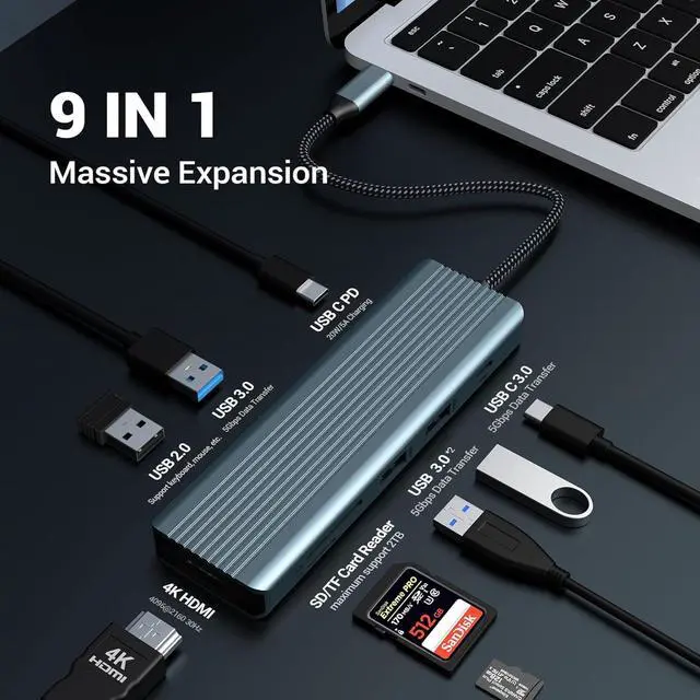 Alt view image 4 of 7 - USB C Hub 9 in 1, oditton USB C Docking Station with 4K@30Hz HDMI, USB 3.0 x 3, USB C 3.0 Data, USB 2.0, 100W PD, SD/TF Card Reader, Compatible with Laptop and Other Type C Devices
