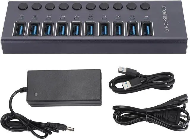 Main image of Brilluxa USB Hub, 10 Port USB 3.0 Splitter with Individual Switches and 60W Power Adapter, Data Expansion Hub for Laptop PC Game Console