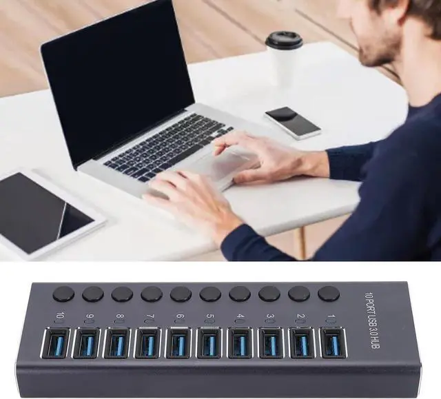 Alt view image 3 of 7 - Brilluxa USB Hub, 10 Port USB 3.0 Splitter with Individual Switches and 60W Power Adapter, Data Expansion Hub for Laptop PC Game Console