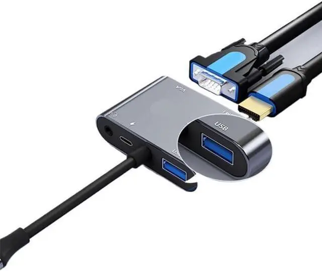 Alt view image 3 of 3 - bodateng USB C Hub TY>pe C to 4K HDMI USB 3.0 3.5mm Ja-ck PD 55W Converter External Graphics Card for Disk PC TV