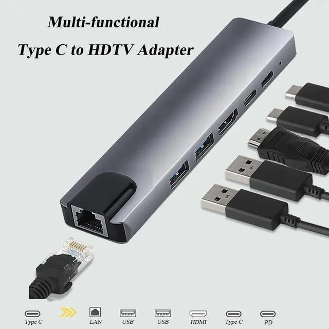 Alt view image 2 of 7 - 6 in 1 Type C to HDTV Adapter USB C Hub with LAN Port 4K HDMI Output USB C Adapter Compatible with MacBook Series Chromebook Laptop Mouse Keyboard Flash Drive Hard Disk