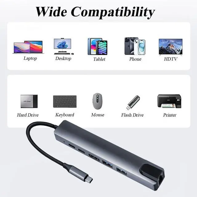 Alt view image 5 of 7 - 6 in 1 Type C to HDTV Adapter USB C Hub with LAN Port 4K HDMI Output USB C Adapter Compatible with MacBook Series Chromebook Laptop Mouse Keyboard Flash Drive Hard Disk