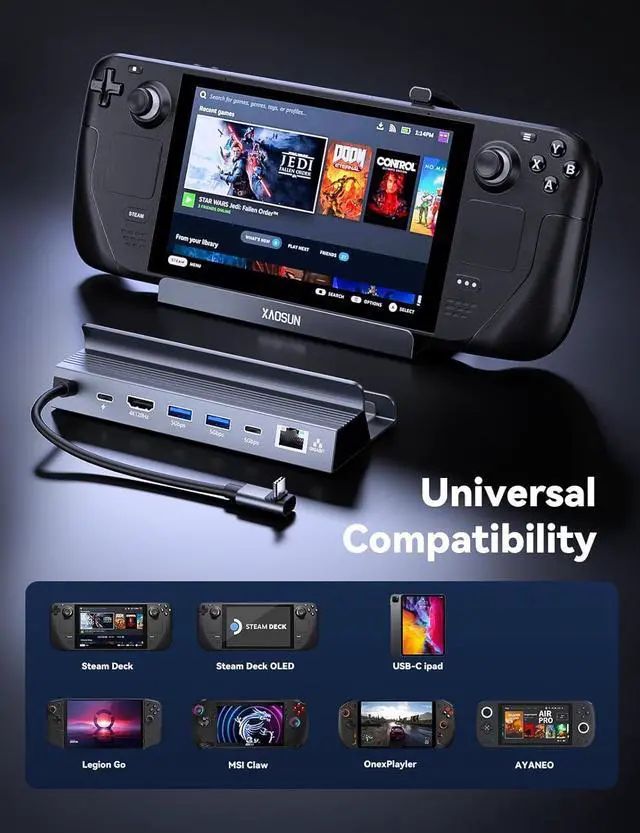 Alt view image 7 of 7 - XAOSUN 6 in 1 Docking Station, Aluminum USB C Hub for ROG Ally/Steam Deck OLED/Lenovo Legion Go/MSI Claw, Steam Deck Dock, 1 HDMI 2.1 4K@120Hz, 2 USB A, 1 USB-C, 1 PD 3.0 100W and 1 RJ45 1000Mbps