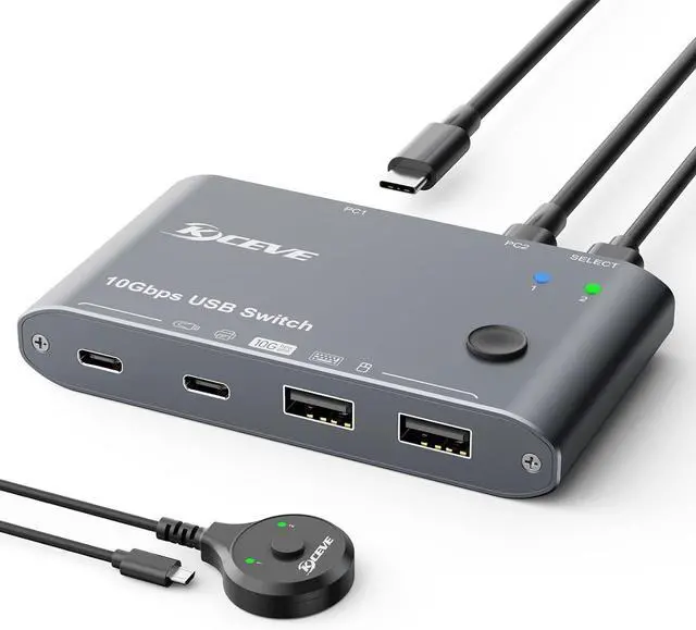 Main image of 10Gbps USB C Switch 2 Laptops 2 in 4 Out USB 3.2 Switcher 2 Computers Share Keyboard Mouse, Printer, Camera, Headphone, 10Gbps Data Power Cable & Desktop Controller Included