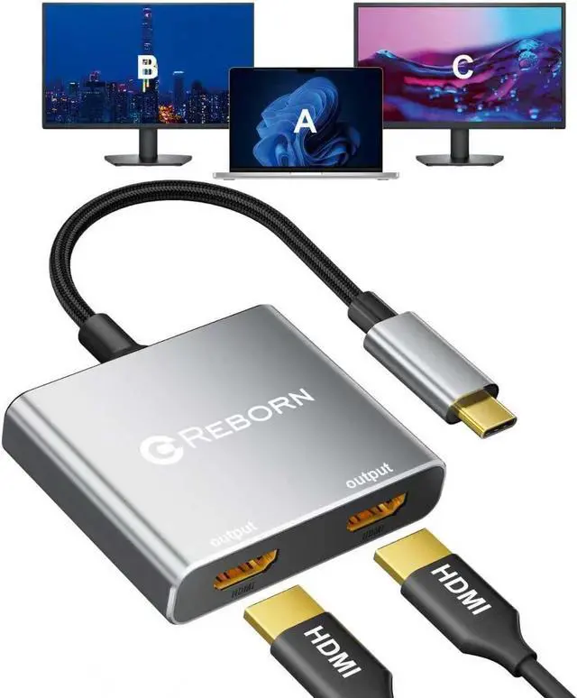 Main image of USB C to Dual HDMI Adapter | 4K@60Hz HDMI Splitter Extended Display for Dual Monitors, Type C Converter for Windows/macOS, Windows Allows 3 Separate Screens, macOS Only Allows Mirror Mode