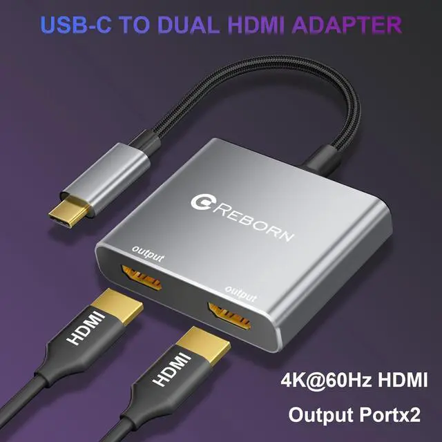 Alt view image 2 of 7 - USB C to Dual HDMI Adapter | 4K@60Hz HDMI Splitter Extended Display for Dual Monitors, Type C Converter for Windows/macOS, Windows Allows 3 Separate Screens, macOS Only Allows Mirror Mode