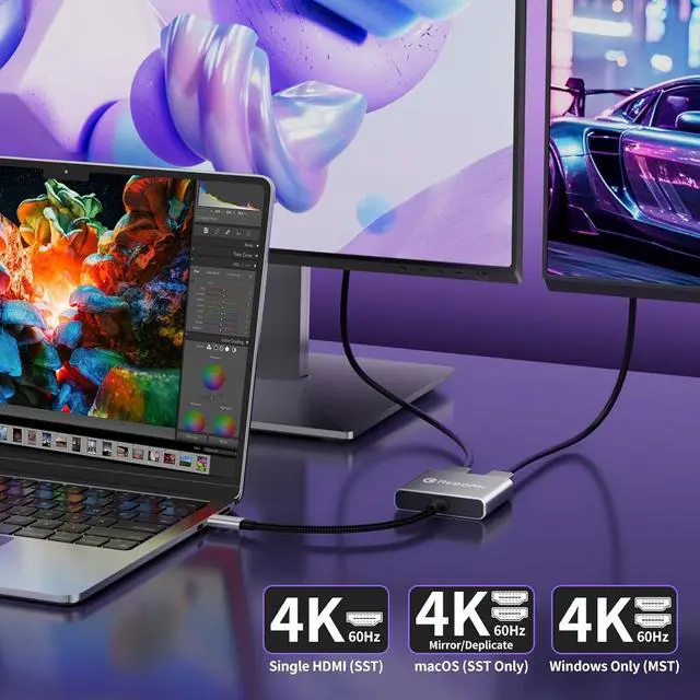 Alt view image 4 of 7 - USB C to Dual HDMI Adapter | 4K@60Hz HDMI Splitter Extended Display for Dual Monitors, Type C Converter for Windows/macOS, Windows Allows 3 Separate Screens, macOS Only Allows Mirror Mode