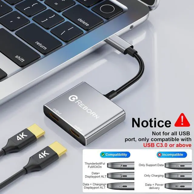 Alt view image 6 of 7 - USB C to Dual HDMI Adapter | 4K@60Hz HDMI Splitter Extended Display for Dual Monitors, Type C Converter for Windows/macOS, Windows Allows 3 Separate Screens, macOS Only Allows Mirror Mode