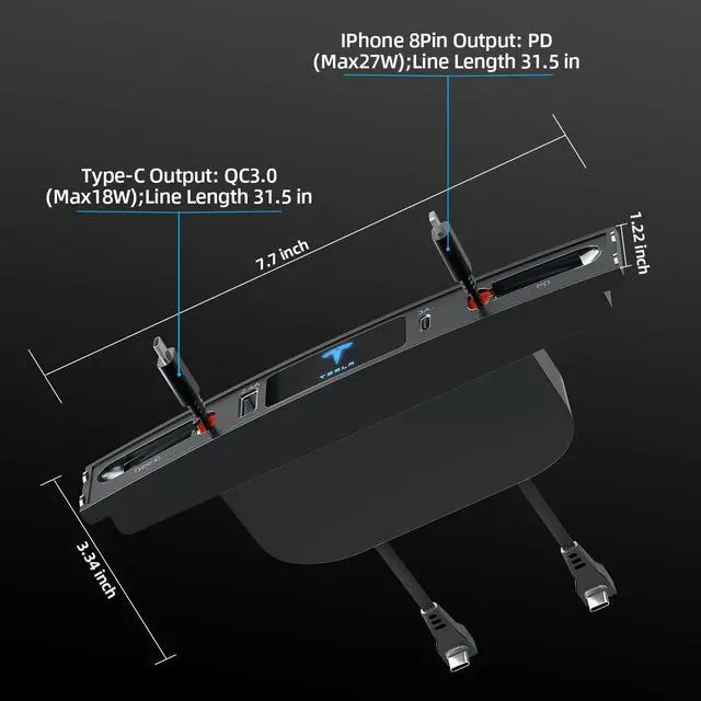 Alt view image 2 of 7 - Tesla USB Hub for 2021 2022 2023 Tesla Model 3 Model Y, Multi-Port Retractable Hub Docking Station with Fast Charging Cable, Tesla Accessories Docking Station of Center Console for Model Y/3