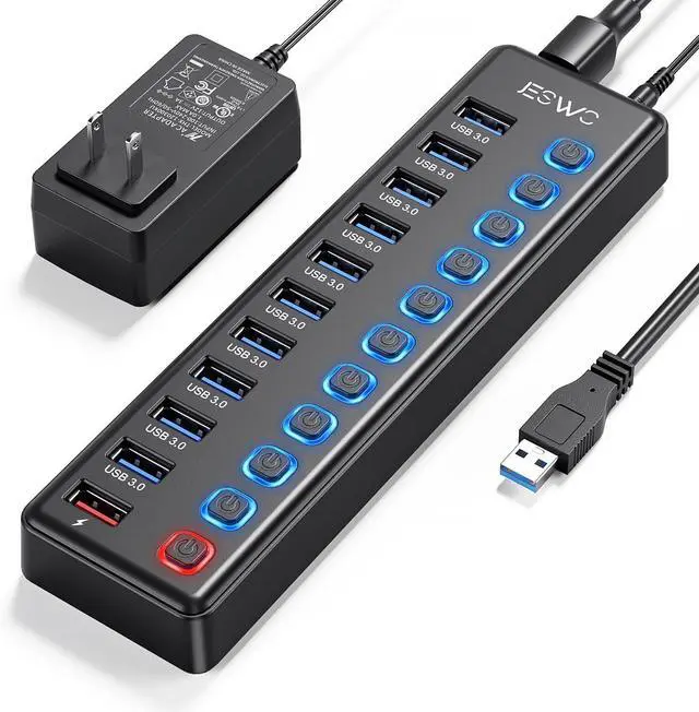 Main image of Powered USB Hub, JESWO 11 Port USB 3.0 Hub, 10 USB 3.0 Data Transfer Ports + 1 Smart Charging Port, USB Hub Powered with Individual LED On/Off Switches and 12V/3A Power Adapter