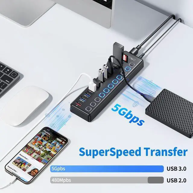 Alt view image 2 of 6 - Powered USB Hub, JESWO 11 Port USB 3.0 Hub, 10 USB 3.0 Data Transfer Ports + 1 Smart Charging Port, USB Hub Powered with Individual LED On/Off Switches and 12V/3A Power Adapter