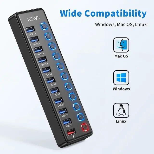 Alt view image 4 of 6 - Powered USB Hub, JESWO 11 Port USB 3.0 Hub, 10 USB 3.0 Data Transfer Ports + 1 Smart Charging Port, USB Hub Powered with Individual LED On/Off Switches and 12V/3A Power Adapter