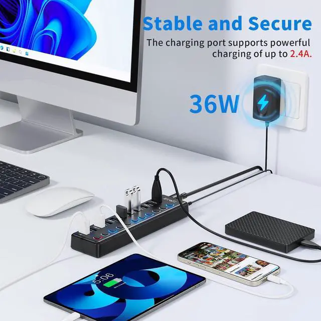 Alt view image 5 of 6 - Powered USB Hub, JESWO 11 Port USB 3.0 Hub, 10 USB 3.0 Data Transfer Ports + 1 Smart Charging Port, USB Hub Powered with Individual LED On/Off Switches and 12V/3A Power Adapter