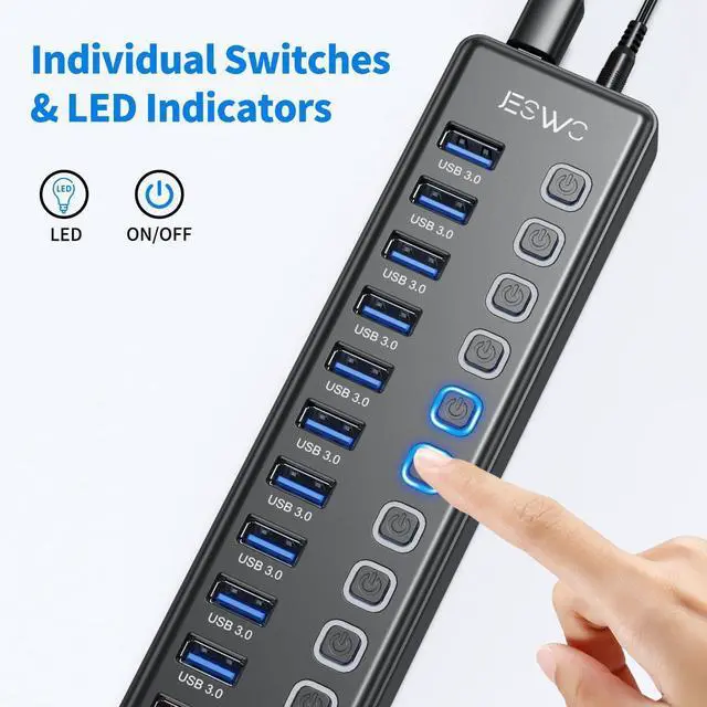 Alt view image 3 of 6 - Powered USB Hub, JESWO 11 Port USB 3.0 Hub, 10 USB 3.0 Data Transfer Ports + 1 Smart Charging Port, USB Hub Powered with Individual LED On/Off Switches and 12V/3A Power Adapter