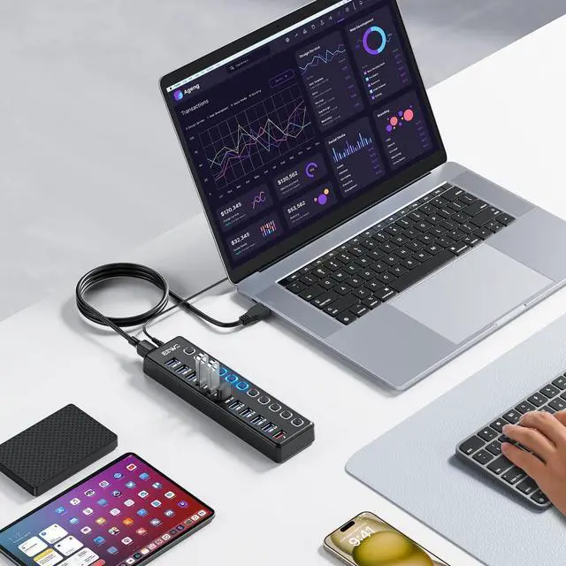 Alt view image 6 of 6 - Powered USB Hub, JESWO 11 Port USB 3.0 Hub, 10 USB 3.0 Data Transfer Ports + 1 Smart Charging Port, USB Hub Powered with Individual LED On/Off Switches and 12V/3A Power Adapter