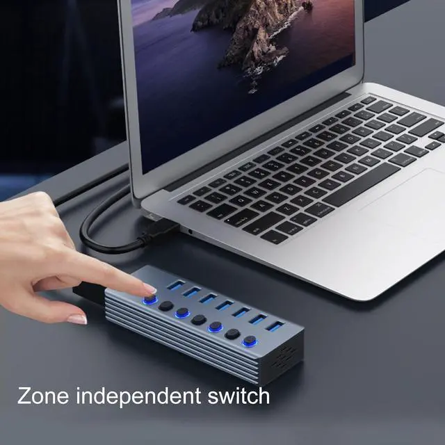 Alt view image 7 of 7 - USB 3.0 Splitter Hub USB Data Hub 1 to 7 Ports with Separate On/Off Switch and Lights for Laptops