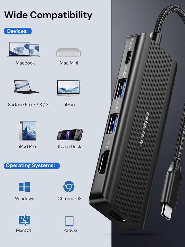 Alt view image 7 of 7 - HDMI to USB, DockteckExpand 5-in-1 USB C Hub with Dual HDMI 4K@30Hz, 2 USB 3.0 Ports, 100W PD Charging  Compatible with MacBook, Dell, Chromebook & More