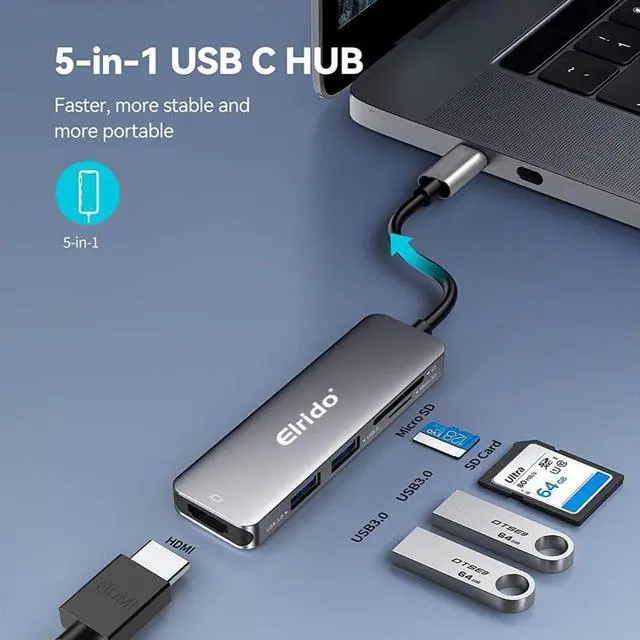 Alt view image 2 of 4 - USB C Hub Adapter for Tablet PC by Elrido, USB-C HDMI Port Dongle for Tablet Converter 5 in 1 with 4K HDMI,USB 3.0 Ports,SD,TF for m1 m2 Computer Has Such Surface and Other Type C Devices