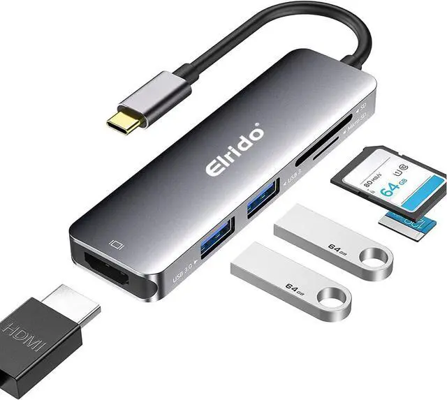 Main image of USB C Hub Adapter for Tablet PC by Elrido, USB-C HDMI Port Dongle for Tablet Converter 5 in 1 with 4K HDMI,USB 3.0 Ports,SD,TF for m1 m2 Computer Has Such Surface and Other Type C Devices