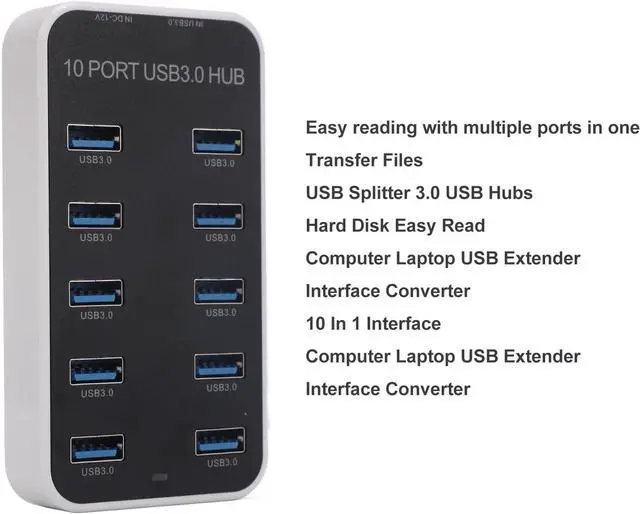 Alt view image 5 of 7 - USB Hub 10, USB 3.0 Hub 10 Port USB Hub Splitter Docking Station DC12V?24V Fast Data Transmission USB Expansion Hub Data Hub with USB 3.0 Data for Smartphone, Tablet
