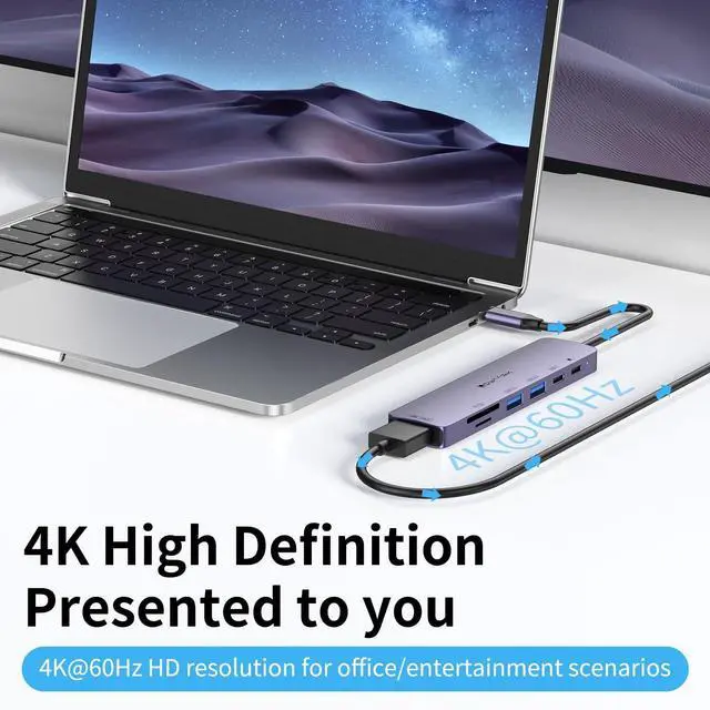 Alt view image 4 of 6 - USB C HUB,USB C to 4K60hz HD Multi-Port Adapter for MacBook Pro,2 USB 3.0 and 1 5Gbps Type-C Data Ports,USB c Splitter with 4K60hz HD Port,PD 100W Smart Charging,SD/TF3.0 Dual Disc Reader